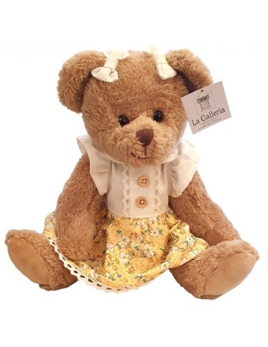 Oursonne en peluche robe jaune à fleurs 