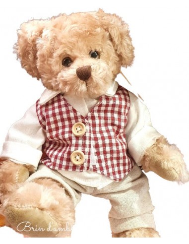 Ourson en peluche costume vichy rouge 