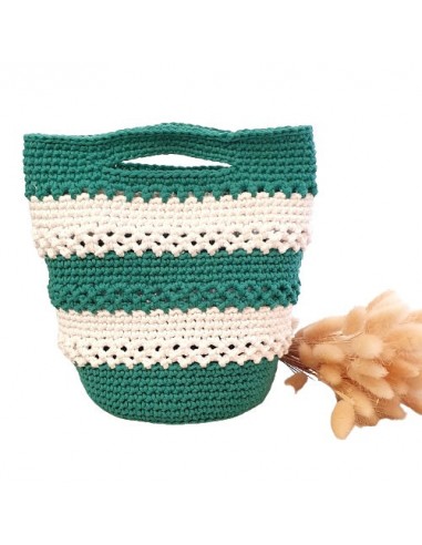 Panier rond au crochet - Turquoise et blanc - Fait-main 