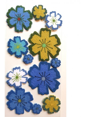 Fleurs autocollantes bleues et vertes en feutrine 