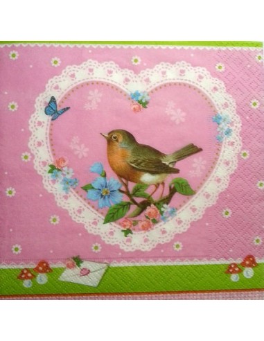 Serviette papier décor Oiseau dans coeur 