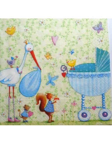 Serviette papier décor Cigogne et landau 