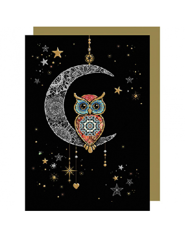 Carte double Hibou assis sur une lune 