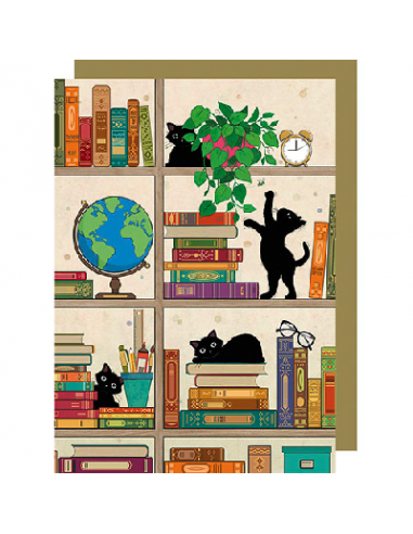 Carte avec des chats dans une bibliothèque 