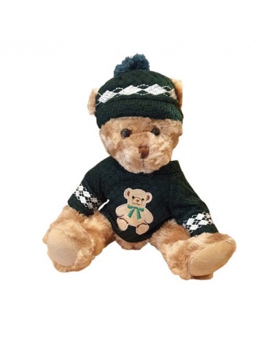 Ourson en peluche avec pull vert brodé d'un ourson 