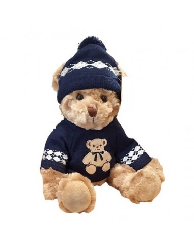 Ourson en peluche avec pull bleu brodé d'un ourson 