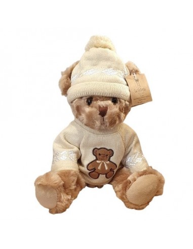 Ourson en peluche avec pull beige brodé d'un ourson 