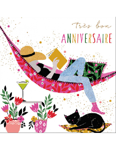 Carte anniversaire femme lisant dans un hamac 