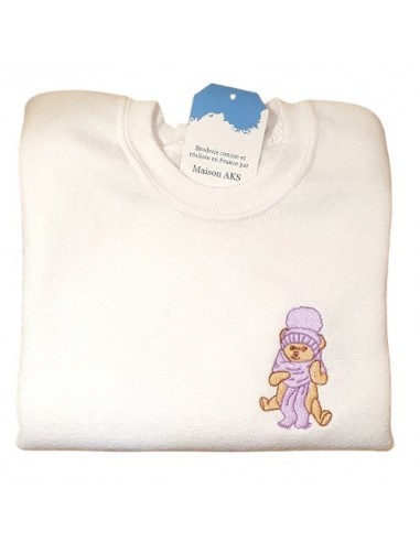 Sweat-shirt blanc enfant - Broderie lapin écharpe mauve 