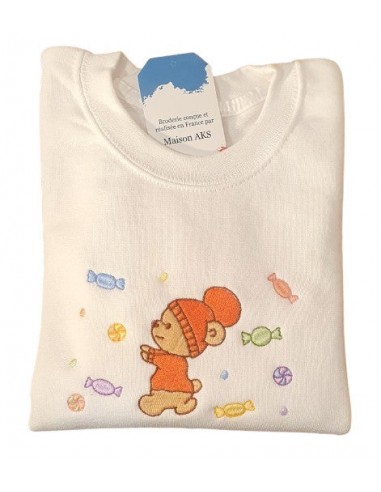 Sweat-shirt blanc - Broderie Ourson et bonbons 