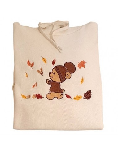 Sweat-shirt écru - Broderie Ourson et feuilles d'automne 