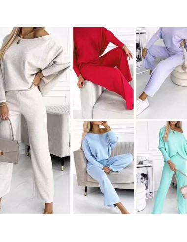 Women's Solid Color Drop Shoulder Pullover and Loose Pants Set 