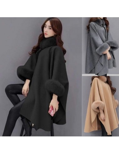 Élégant manteau poncho à col en fausse fourrure de couleur unie 