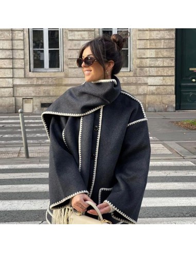 Manteau en tweed avec écharpe à pompons pour femmes 